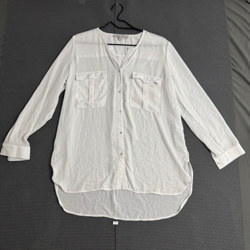 Larry Levine Womens White Long Sleeve Button Down Tunic Shirt Medium